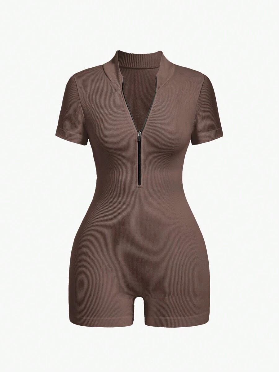 女士纯色拉链半襟休闲短袖短款连体裤 - 卡其色 - 查看 1