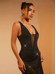 Hauture Women's Sheer Sequin Plunge Neck Sleeveless Dress - Black - View 2