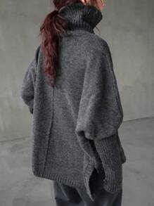 FRIFUL 女士高领纯色宽松针织毛衣，秋冬季休闲款 - 灰色 - 查看 5