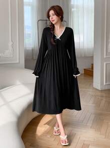 DAZY Women's Color Block V-Neck Waist Cinched Lace Patchwork Bow Long Sleeve Nightgown Pajama - Black - View 5