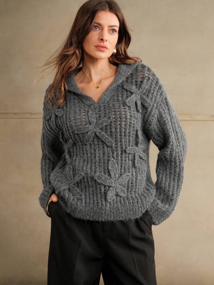 Women Floral Pattern Drop Shoulder Long Sleeve Sweater, Autumn/Winter, Knit Pullover Fall