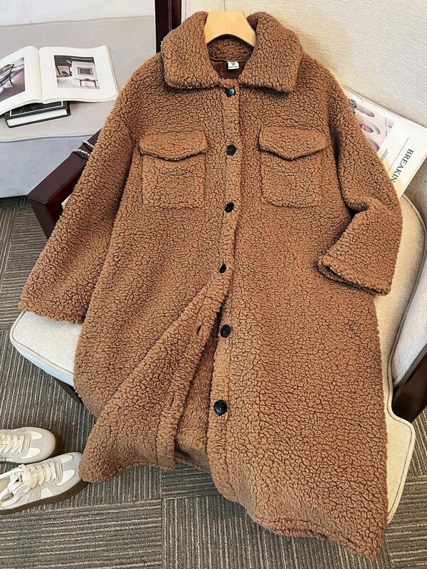 Tween Girl's Comfortable Casual Loose Coral Fleece Mid-Length Fur Lapel Pocket Lapel Collar Long Sleeve Coat For Winter