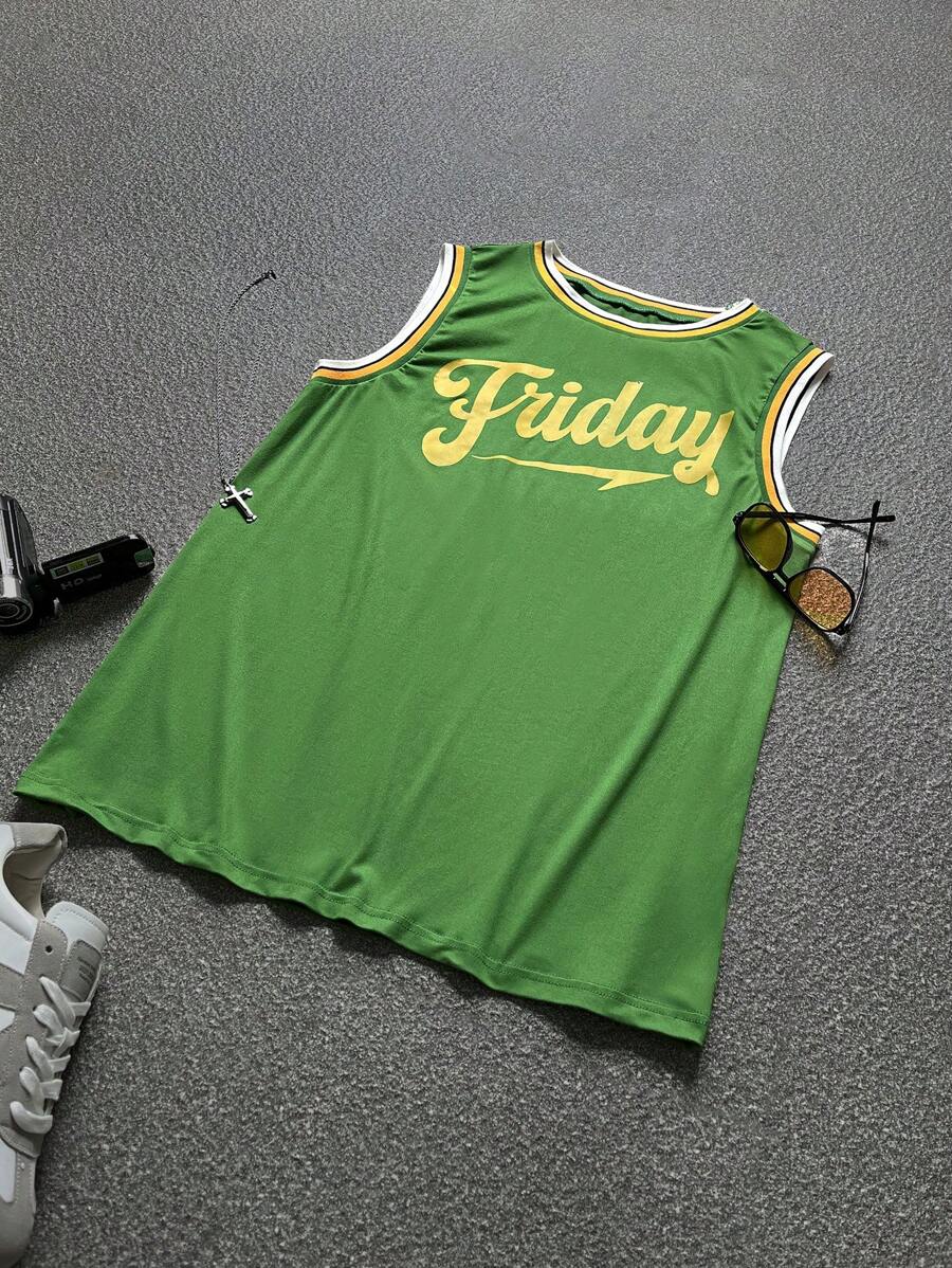 Manfinity Dauomo 男士休闲无袖条纹字母印花背心，夏季 - 綠色 - 查看 1