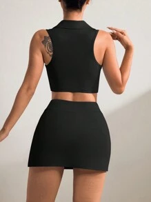 Conjunto de ropa deportiva de verano para mujer que incluye top sin mangas con cuello polo de unicolor y falda short con cintura elástica y abertura lateral