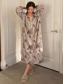 DAZY Splatter Print Pleated Loose Nightgown Pajama - Khaki - View 6