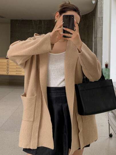 Dazy Petite Plus 加大码纯色连帽口袋超宽松中长款开衫，秋季服装