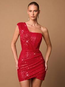 SHEIN BAE 女士红色不对称不对称领口褶皱亮片派对礼服，适合万圣节、圣诞节、舞会 - 紅色 - 查看 6