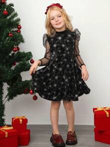 SHEIN 年轻女孩 1 件时尚可爱复古星星印花撞色网眼羊腿袖天鹅绒 A 字型闪亮针织面料连衣裙，适合夏季和秋季，圣诞节、派对装、生日装 - 黑色 - 查看 6