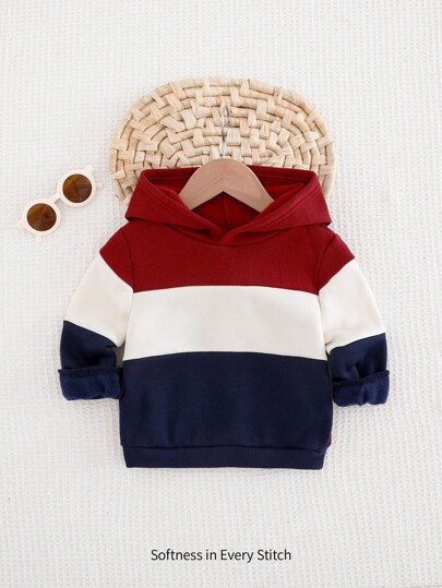 Cozy Pixies Baby Boy Color Block Soft  Pocket Hooded Long Sleeve Pullover Sweatshirt,In Fall/Winter