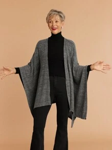SHEIN LUNE Women's Solid Color Elegant Asymmetric Hem Casual/Work Poncho Coat - Grey - View 8