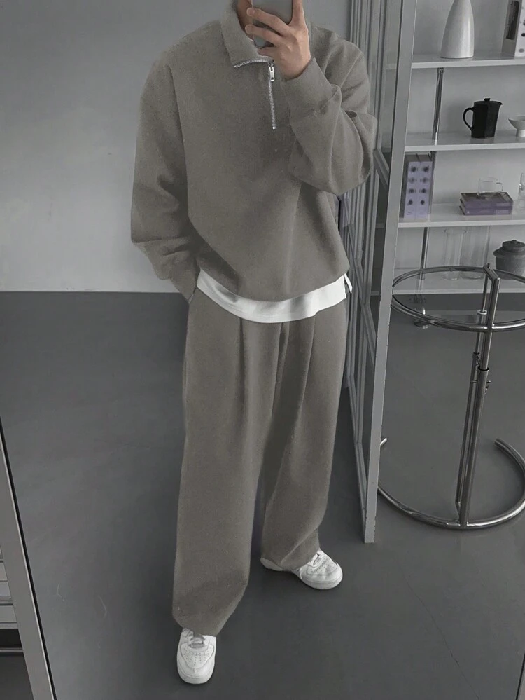 Men's Solid Color Fleece Sweatsuit Set, Autumn/Winter, Cozy Outfits