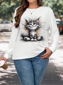 EMERY ROSE Plus Size Women Casual Cartoon Cat Allover Print Loose Fit Crew Neck Long Sleeve T-Shirt
