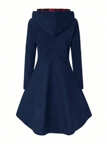 EMERY ROSE 大码秋季休闲收腰喇叭纽扣连帽 A 字形夹克