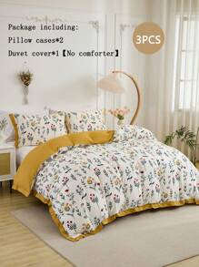 3 件套蜂蜜花卉印花芥末色床上用品套装，适合所有季节，卧室家居装饰 - 彩色 - 查看 1