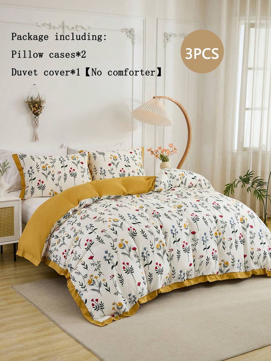 3 件套蜂蜜花卉印花芥末色床上用品套装，适合所有季节，卧室家居装饰 - 彩色 - 查看 1