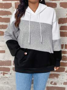 SHEIN LUNE Plus Size Color Block Hooded Drawstring Pocket Long Sleeve Sweatshirt