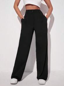 SHEIN EZwear Pantalones rectos de pierna casual y unicolor negro - Negro - Ver 4