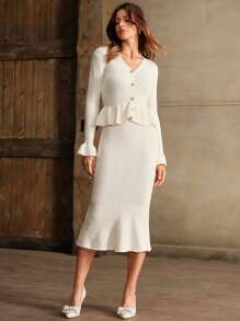 Anewsta Beige Elegant Ruffle Trim Knitted Dress For Women - Apricot - View 8