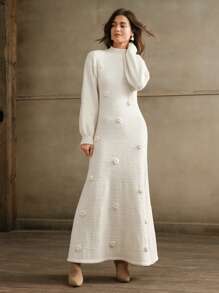 Anewsta Đầm len bó sát họa tiết hoa 3D thanh lịch dành cho nữ - Màu be - Xem 6