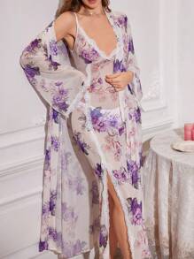 Sexy Floral Print Lace Trim Slit Mesh Maxi Robe & Gown Sleepwear Set - Multicolor - View 1