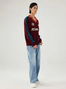Manfinity Campus Court Aesthetic Post--Men's Casual Color Block Letter Pattern V-Neck Loose Knit Sweater, Suitable For Autumn/Winter - Burgundy - View 5