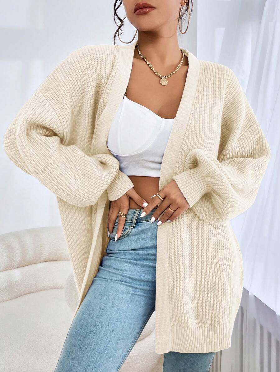 SHEIN EZwear 女士春季时尚紫色落肩罗纹针织长袖开衫，秋冬长袖上衣 - 米色 - 查看 1