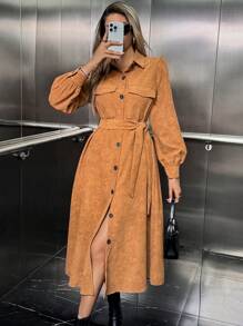 SHEIN ChicEase 休闲纯色前扣衬衫裙 - 卡其色 - 查看 7