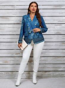 Áo khoác in hoa EMERY ROSE Plus Fall Clothes có hàng khuy đôi - Màu xanh hải quân - Xem 6