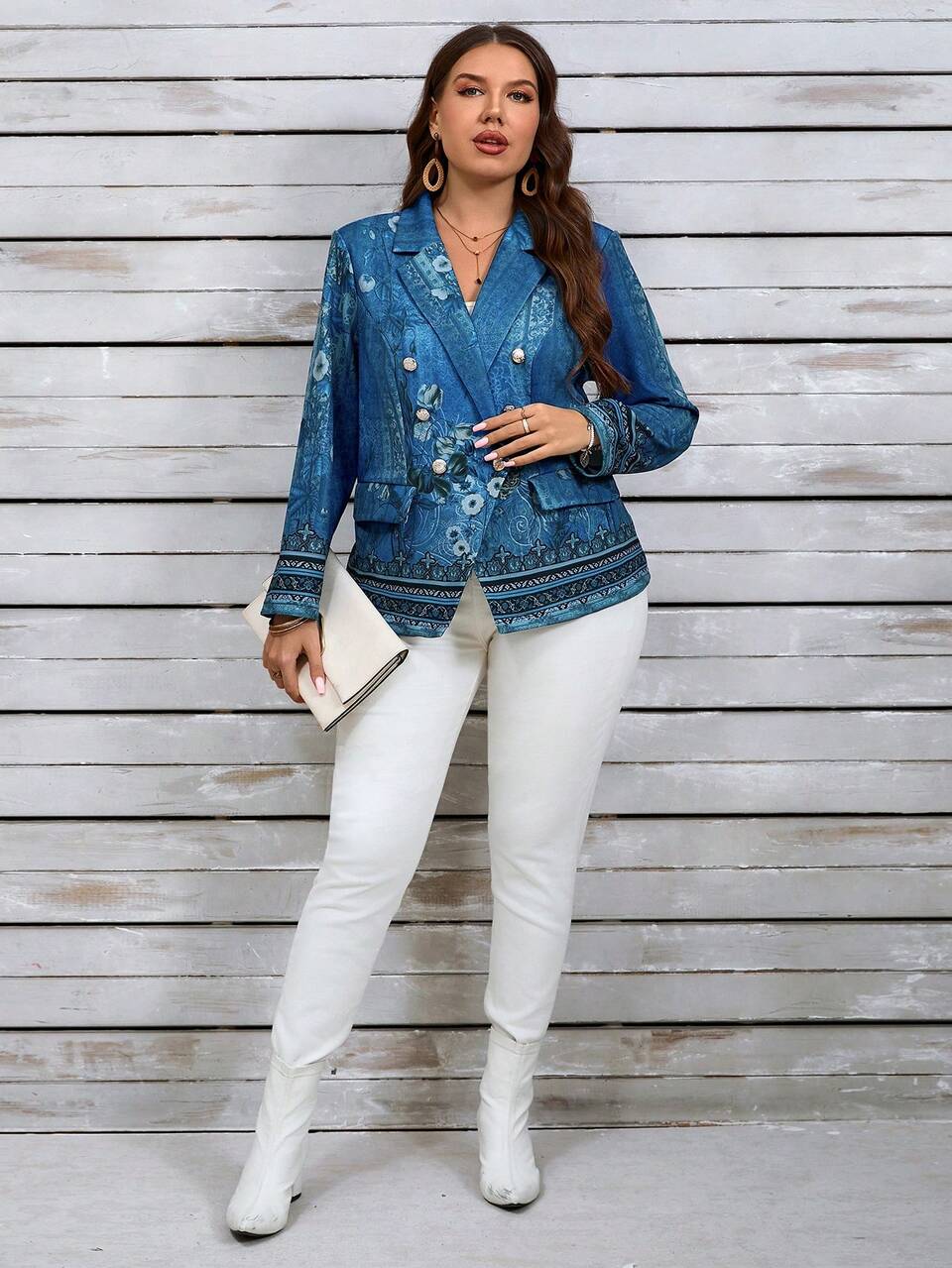 EMERY ROSE Plus Fall Clothes Floral Print Double Breasted Jacket