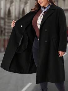EMERY ROSE Plus Size Women's Winter Solid Color Notched Lapel Long Sleeve Double Breasted Pocket Elegant Woolen Winter Women Coat Coat - Black - View 8