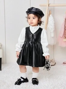 SHEIN Toddler Girl 3pcs/Set White Shirt, Sleeveless Leather Dress & Cap Set, Cute For Autumn/Winter