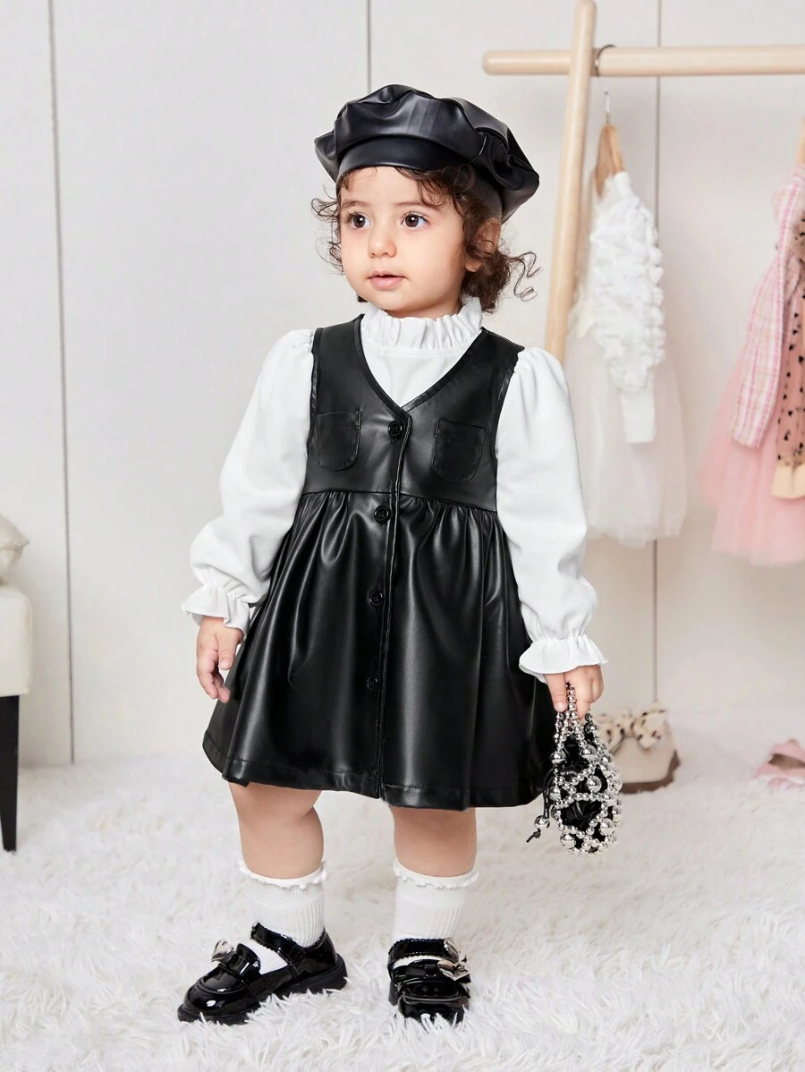 SHEIN Toddler Girl 3pcs/Set White Shirt, Sleeveless Leather Dress & Cap Set, Cute For Autumn/Winter