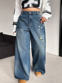 Dripcurv Plus Size Loose Fit Ripped Blue Wide Leg Casual Boyfriend Jeans Fashion Solid Retro Washed Baggy High Waist Winter Street Cool Style Streetwear Jeans Women Homecoming Fall Jeans - Blue - View 7