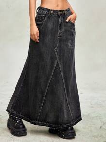 ROMWE Goth 女式复古藤蔓刺绣水钻做旧洗水牛仔不对称下摆 A 字裙