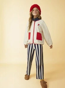 SHEIN Tween Girls THL Embroidery Pattern Contrast Red Trim & Pocket Beige Fleece Casual Jacket For Autumn/Winter - Beige - View 6