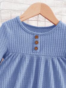 SHEIN Bộ đồ liền thân cổ tròn mềm mại 2 món cho bé gái, phù hợp cho mùa thu/đông - Màu xanh lam - Xem 3