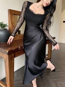 DAZY Vestido midi feminino com decote quadrado e renda contrastante, manga comprida, plissado, aniversário, vestido de baile de véspera de ano novo elegante, roupas de outono - Preto - Ver 1