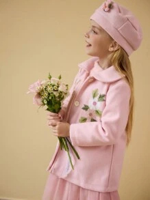 SHEIN 女孩年轻女孩秋冬长袖花卉刺绣印花 Polo 领休闲优雅外套带刺绣帽子，厚料 - 淺粉色 - 查看 4