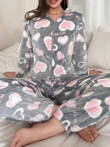 1件装女士毛绒爱心图案耳朵装饰连帽蓬松连体衣，适合秋冬季节，舒适保暖 - 彩色 - 查看 5