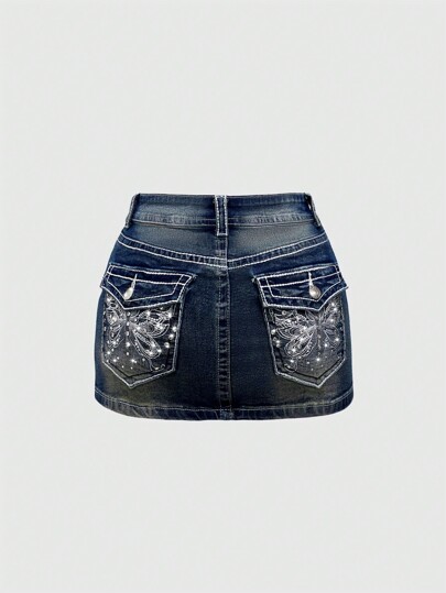 J-Fashion Y2K Vintage Denim Minirock mit tiefer Taille, Schmetterlingsstickerei und verstellbarem Kontrastfarbdetail für Frauen