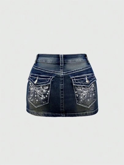 ROMWE J-Fashion Y2K 复古低腰蝴蝶刺绣可调节撞色牛仔迷你裙（女款）