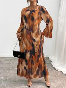 Elenzga Plus Size Colorblock Textured Flare Sleeve Casual Dress, Autumn Maxi Women Outfit Fall Cloth For Women - Coffee Brown - View 1