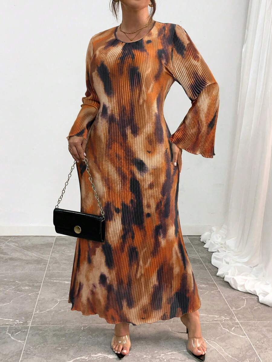 Elenzga Plus Size Colorblock Textured Flare Sleeve Casual Dress, Autumn Maxi Women Outfit Fall Cloth For Women - Coffee Brown - View 1