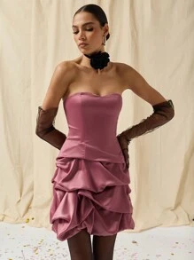 COSMINA Autumn/Winter Women Solid Color Layered Ruffles Elegant Strapless Mini Dress - Rusty Rose - View 3