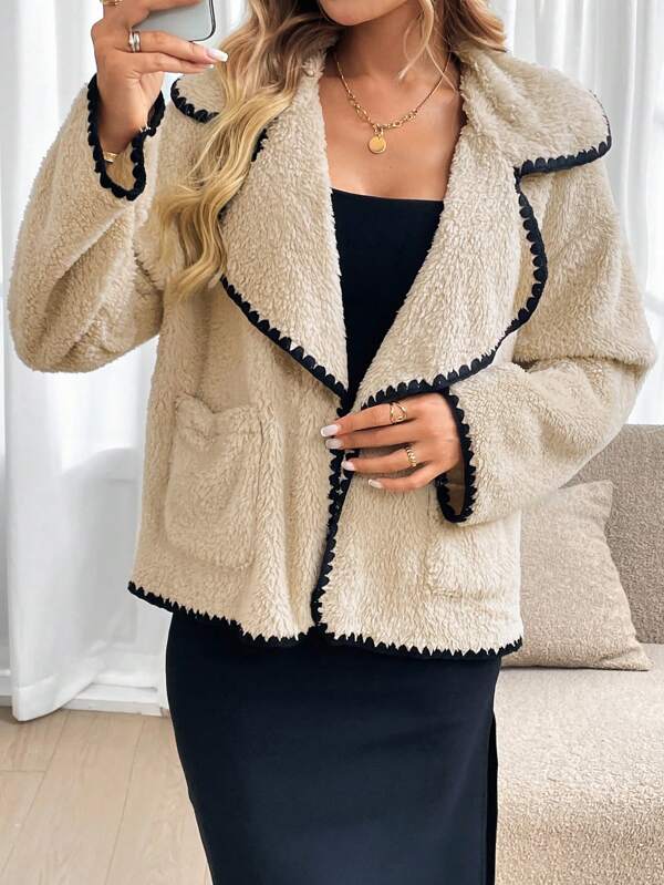 SHEIN LUNE Women's Fluffy Collar Pockets Contrast Trim Lined Jacket, Autumn Winter