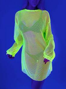 SHEIN ICON 女士时尚性感派对狂欢 Y2k 1 件纯色透明性感圆领长袖网眼派对女士服装