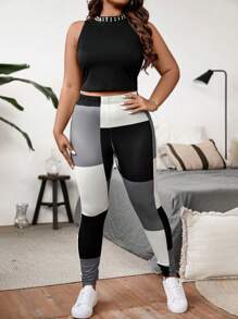 Calvaya Plus Size Casual Colorblock Plaid Beaded Decor Long Sleeve Top, Pants & Vest 3pcs Suit Set, Autumn