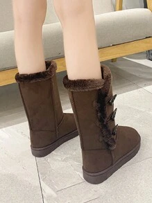 1 双女孩扣式高筒雪地靴，咖啡色，青少年保暖厚衬里，纯色，适合冬季 - 咖啡棕 - 查看 3