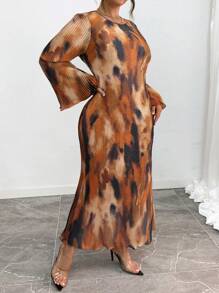 Elenzga Plus Size Colorblock Textured Flare Sleeve Casual Dress, Autumn Maxi Women Outfit Fall Cloth For Women - Coffee Brown - View 3