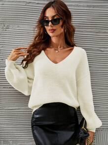SHEIN Frenchy V 领宽松落肩毛衣，秋冬季休闲纯色设计 - 白色 - 查看 3